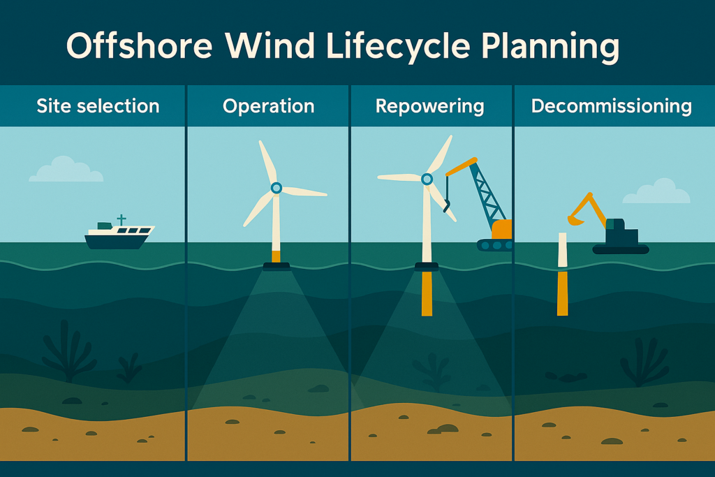 Stylised infographic of the offshore wind farm lifecycle, showing four key stages – site selection, operation, repowering, and decommissioning. 