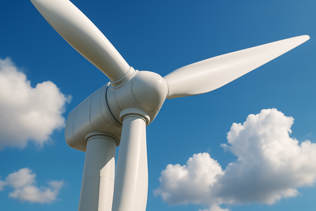 Close up rendering of turbine blades with soft clouds in the distance.