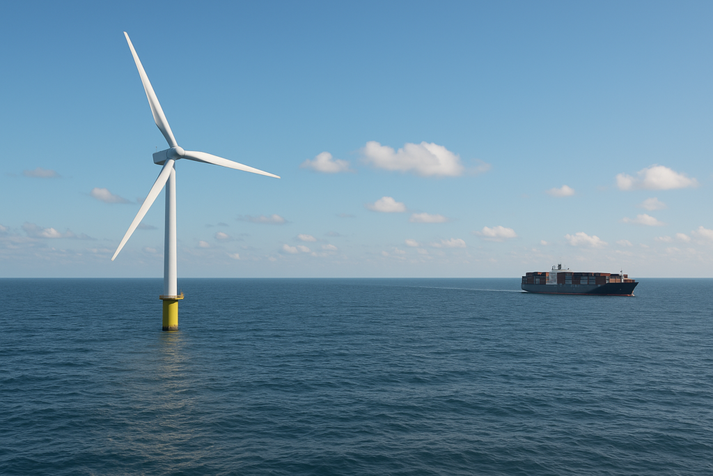 Offshore wind turbine with cargo ship in distance