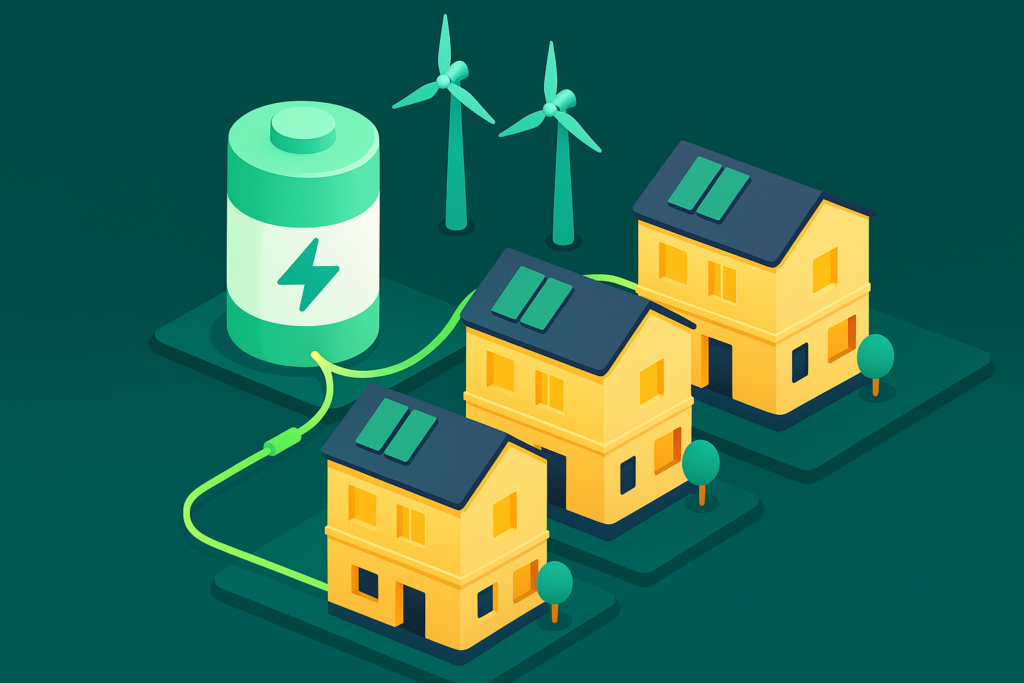 Stylised image of houses connected to 'grid' battery. 