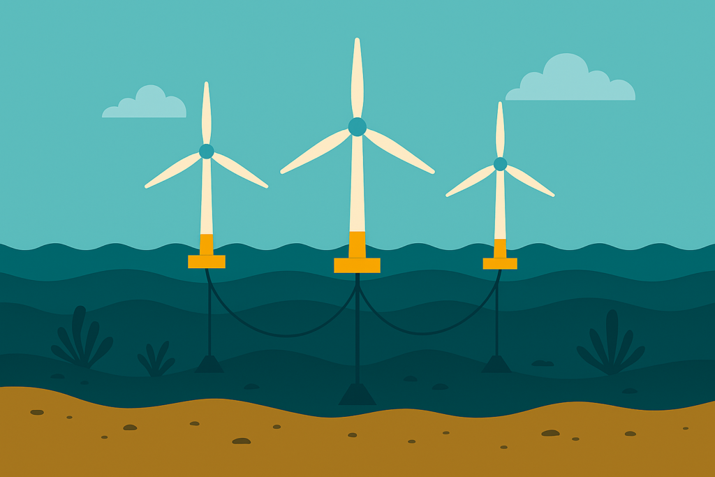 Stylised illustrated rendering, floating offshore wind turbines