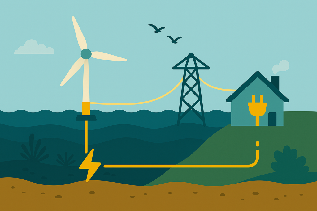 Stylised illustrated rendering of offshore wind farm process, from turbine to grid