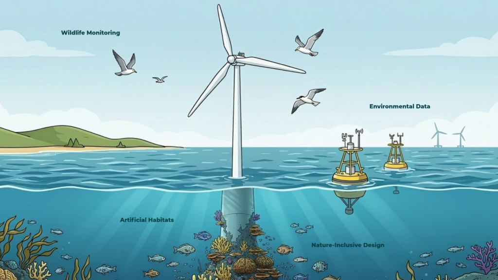 Stylised infographic showing the key areas of relation between environmentalism and offshore wind