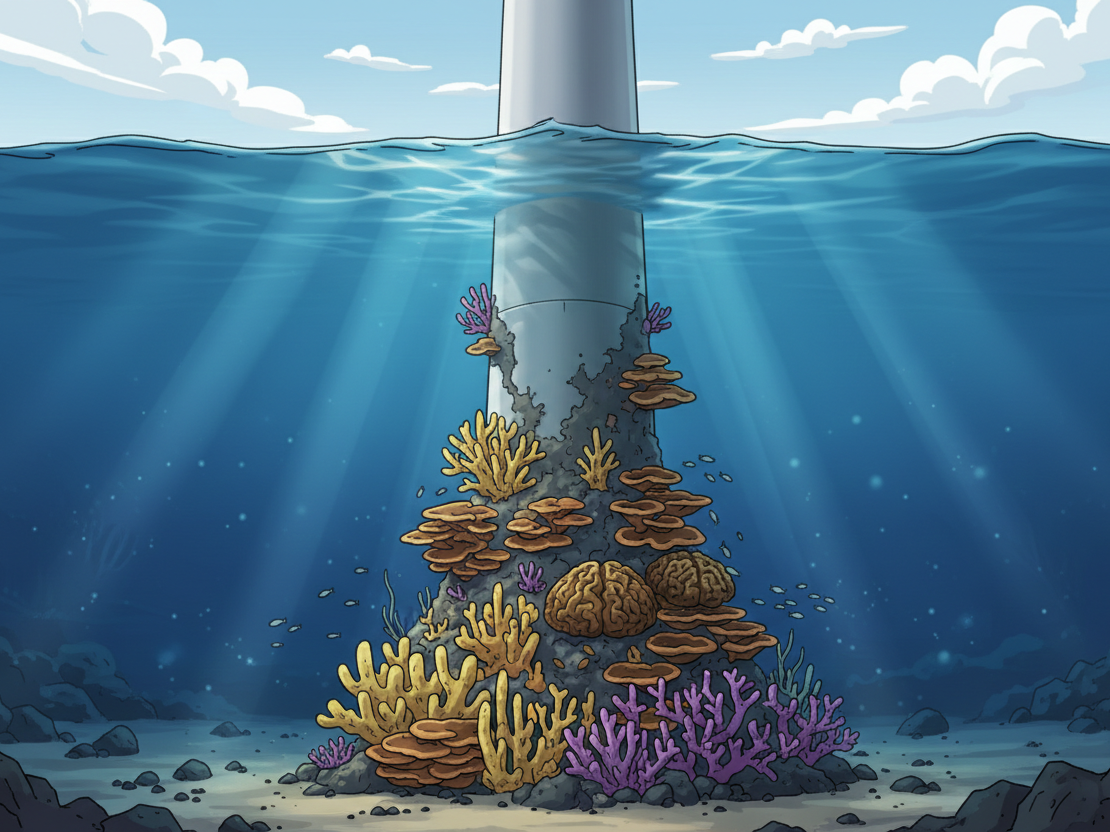 Stylised rendering of offshore wind turbine base, under water with coral growing on it. Small fish swimming around the base, and calm sea bed below it.