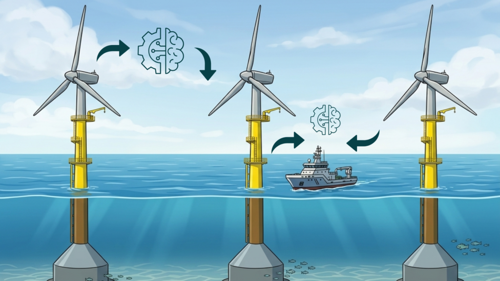 Stylised rendering of offshore turbines representing data sharing between assets