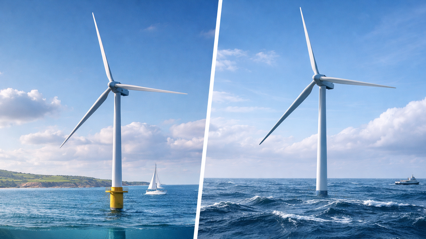 Rendering of two offshore wind turbines, divided view. 