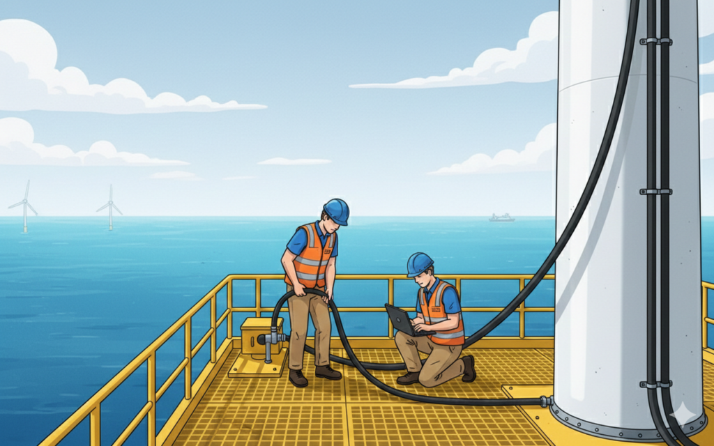 Stylised rendering of operations personnel carrying out job on yellow offshore wind turbine deck. 