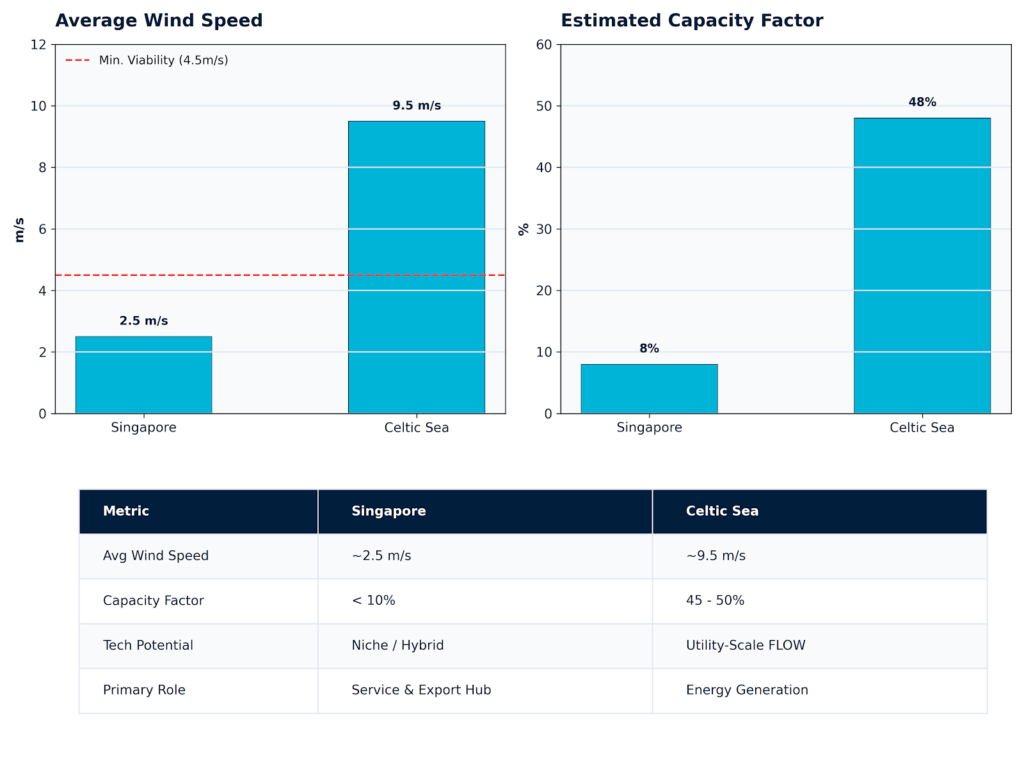 Comparative speculative figures for offshore wind power outputs in Singapore vs Celtic Sea (UK)