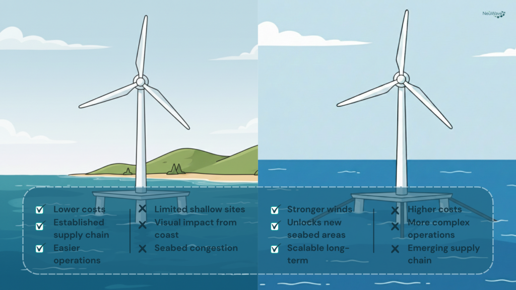 Compare the differences between nearshore offshore wind farms and deep water offshore wind farms
