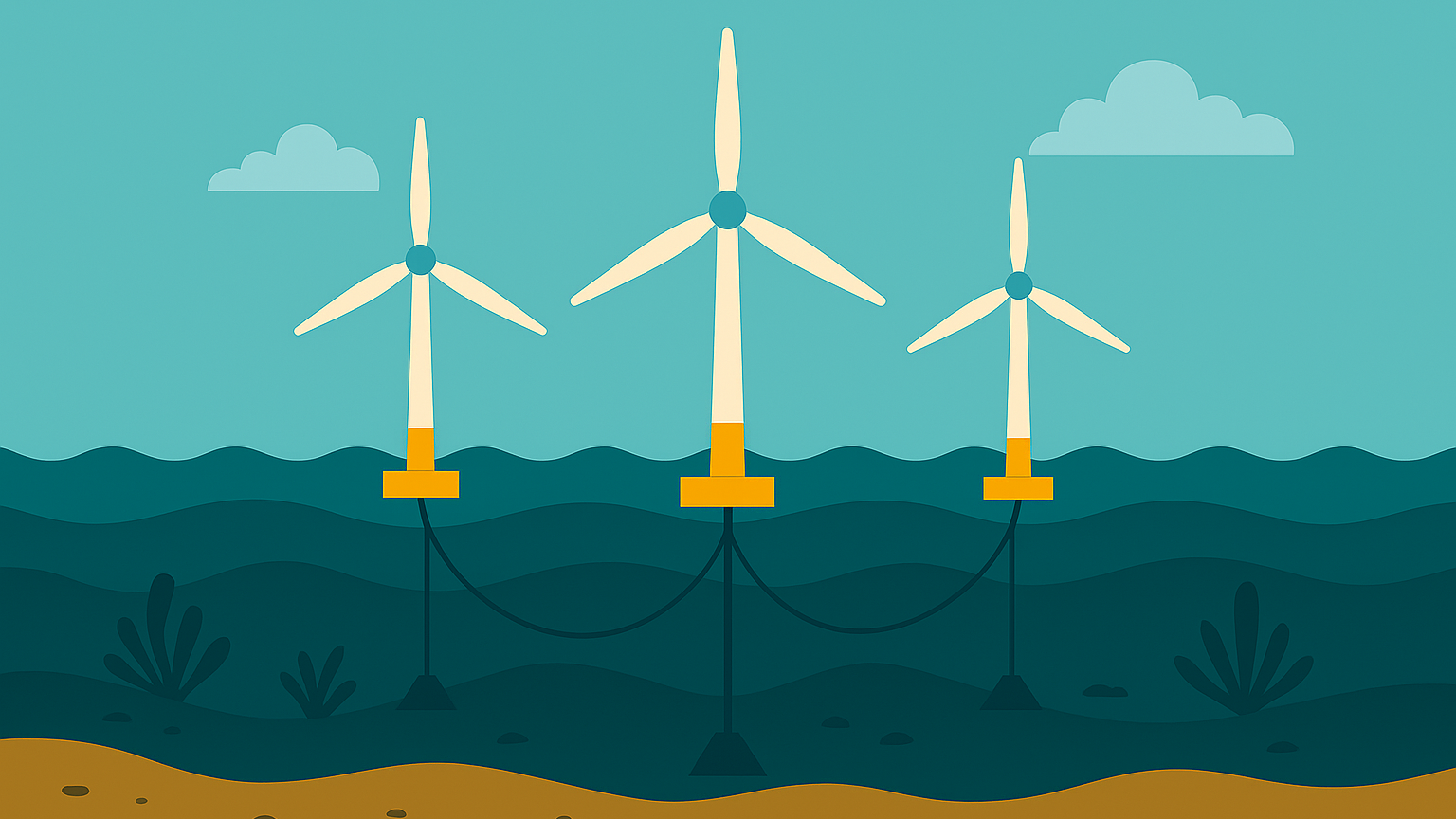 Stylised illustration of floating offshore wind turbines