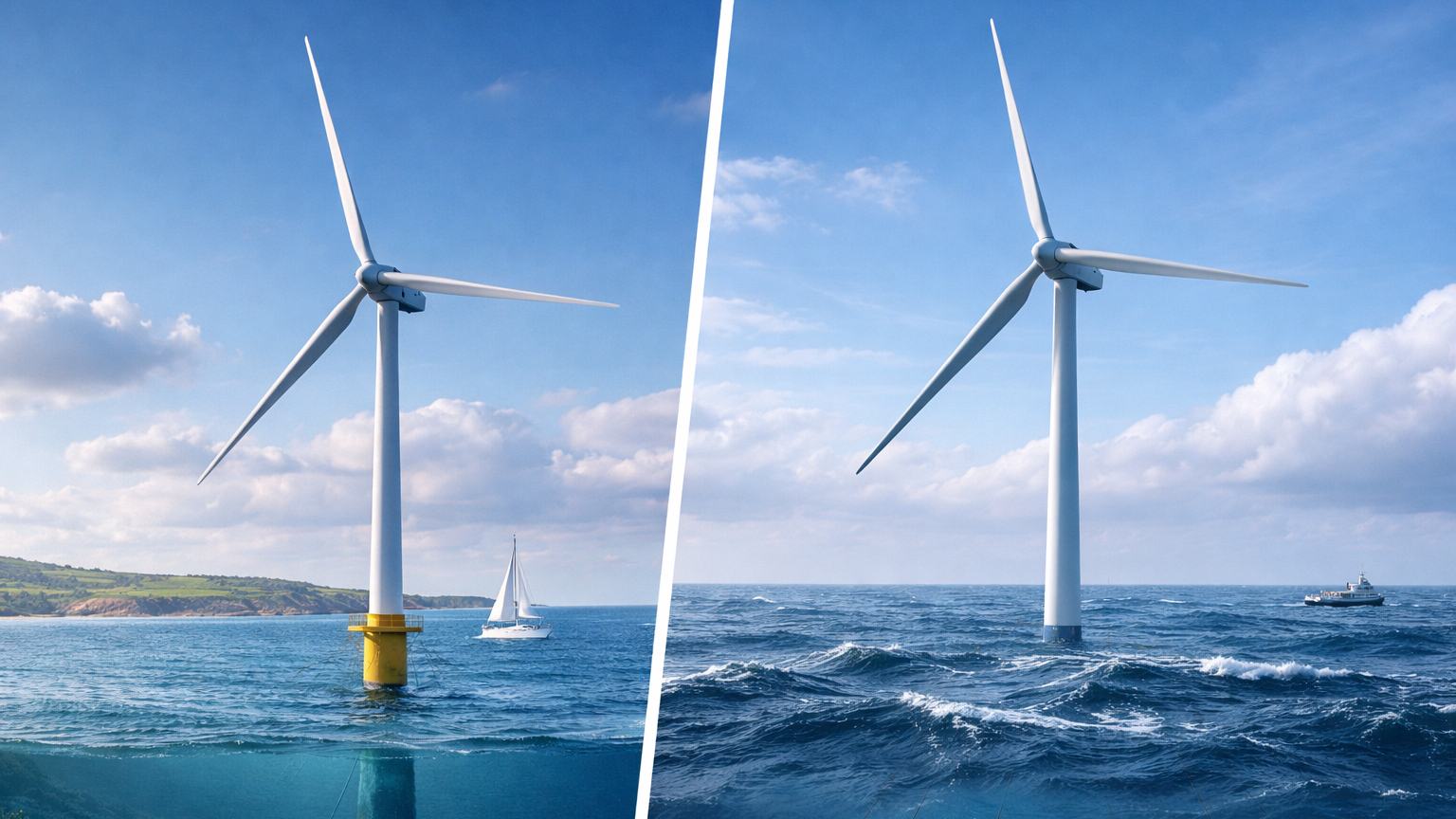 Split view of nearshore wind turbine and deep water wind turbine in the ocean. 