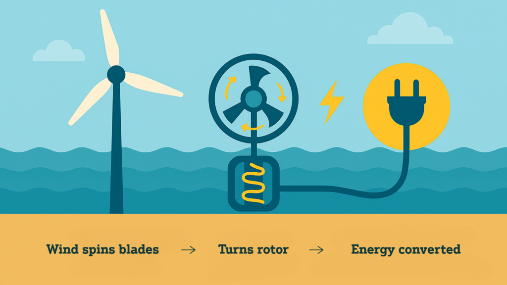 Simple illustration of wind resource farming steps. First the wind spins the turbine blade, and energy turns a rotor. This kinetic energy is then converted into electrical energy