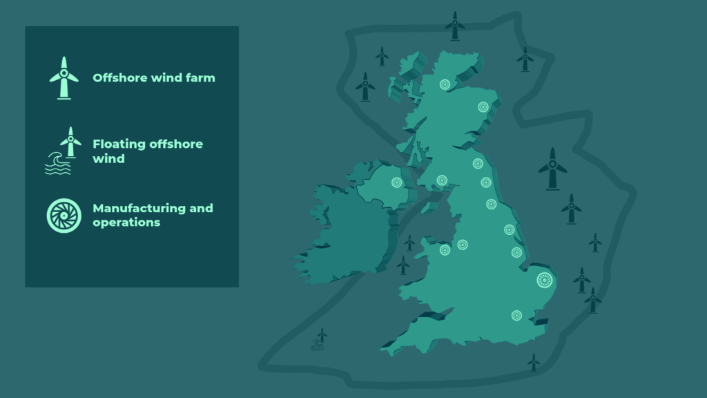 Stylised map of UK showing key offshore wind zones, as well as offshore wind farm locations and manufacturing locations