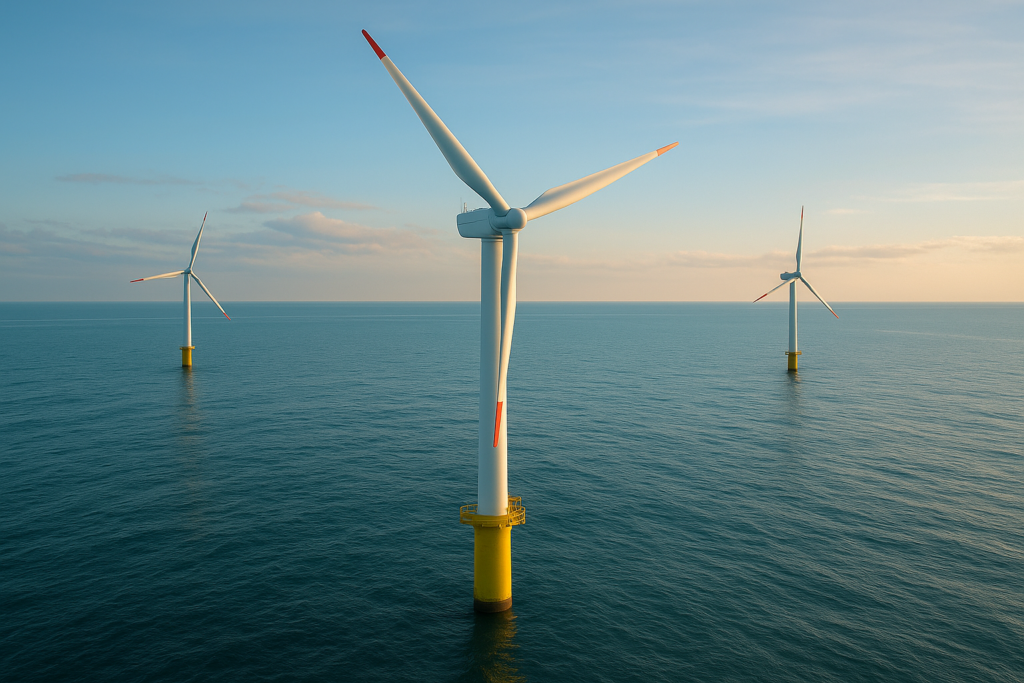 Photograph of three offshore wind turbines in calm waters, and clear skies